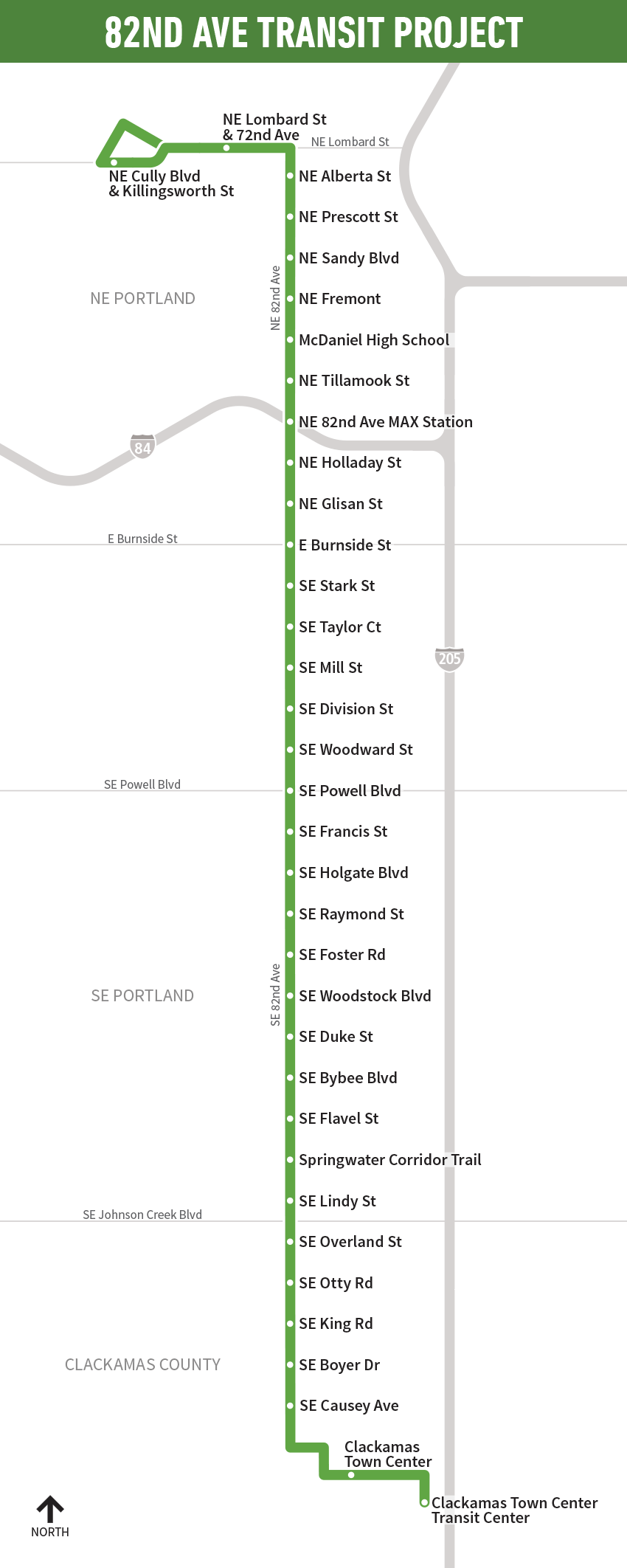 Map showing the route and stations from Clackamas Town Center to Cully. Detailed list below.