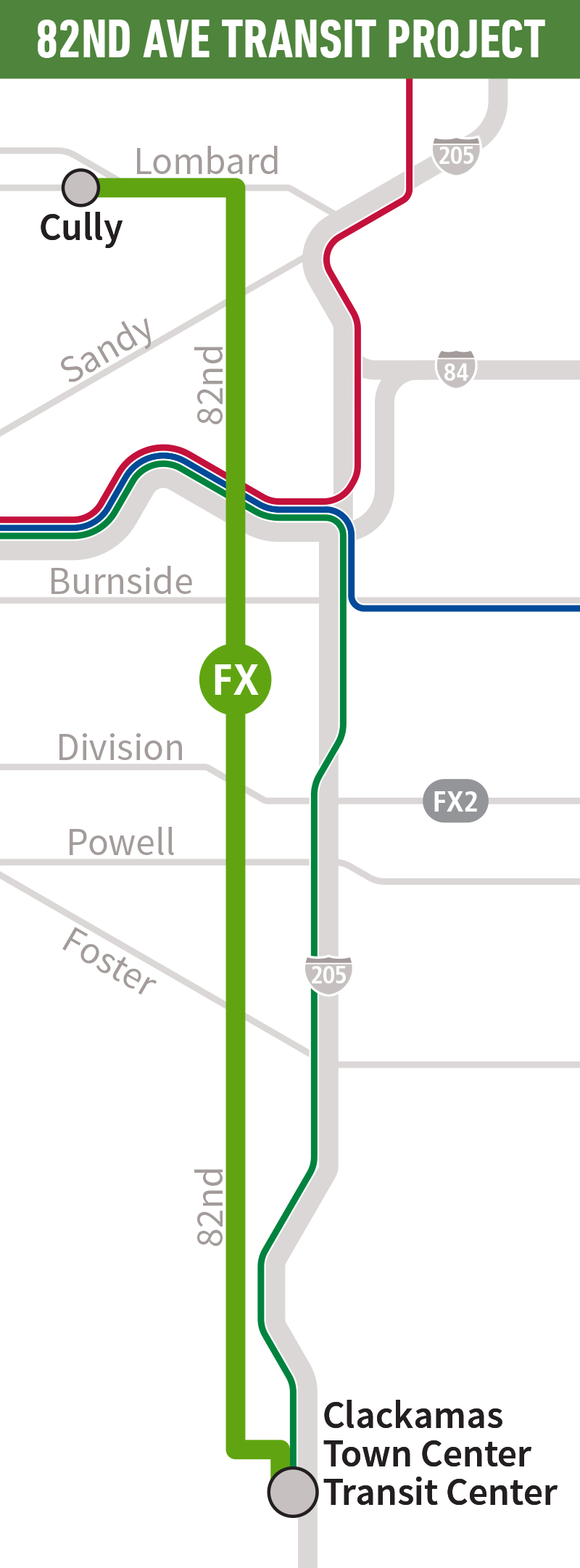 Map showing the route from Cully to Clackamas Town Center.