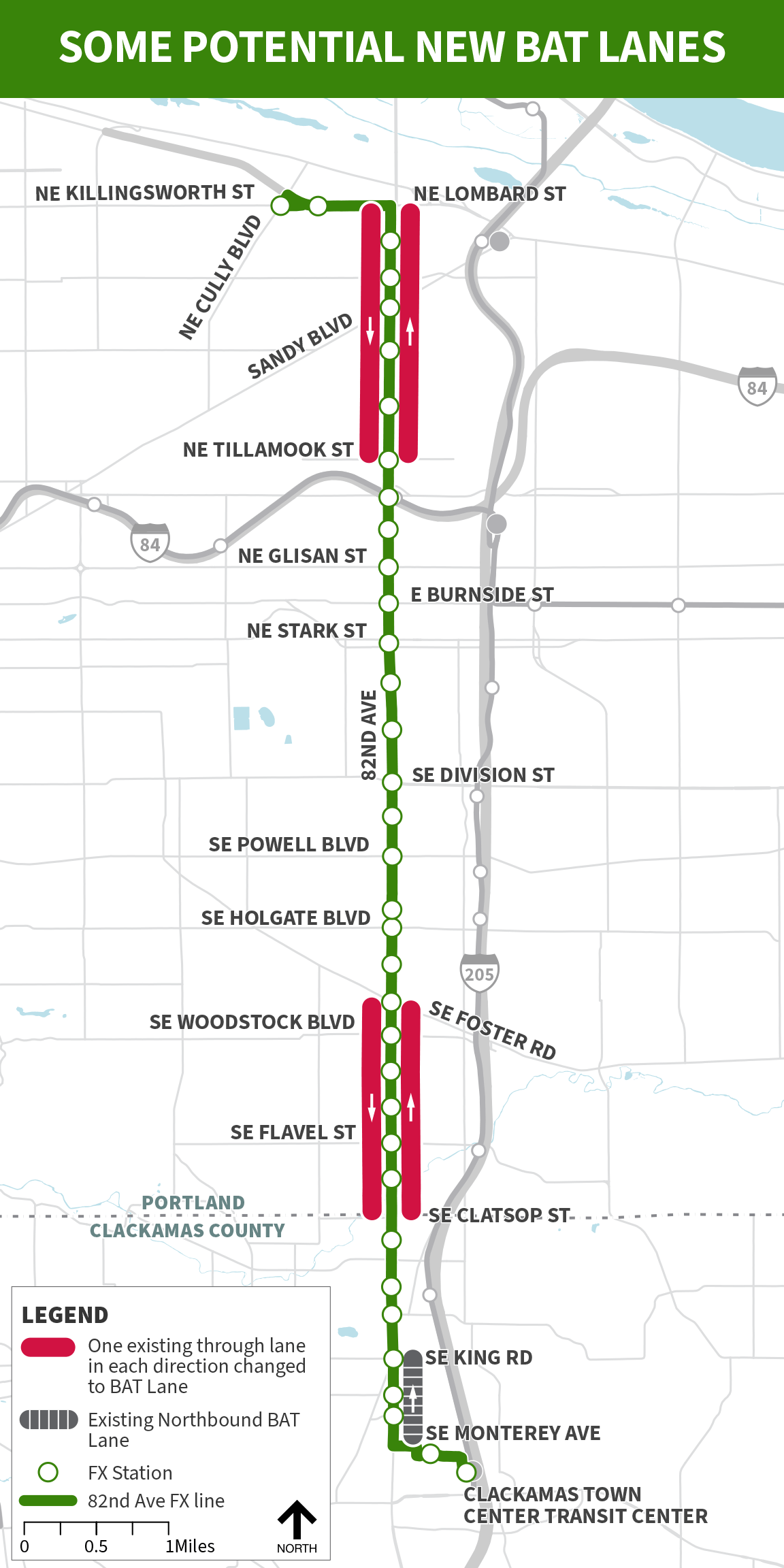 Map of the 82nd Ave FX line route showing two sections with potential BAT Lanes in either direction that could be added by changing existing lanes of traffic. The first section shows potential BAT Lanes from NE Lombard St to NE Tillamook St. The second section shows potential BAT Lanes from SE Foster Rd to SE Clatsop St. There is one existing northbound BAT Lane from SE Monterey Ave to SE King Rd.
