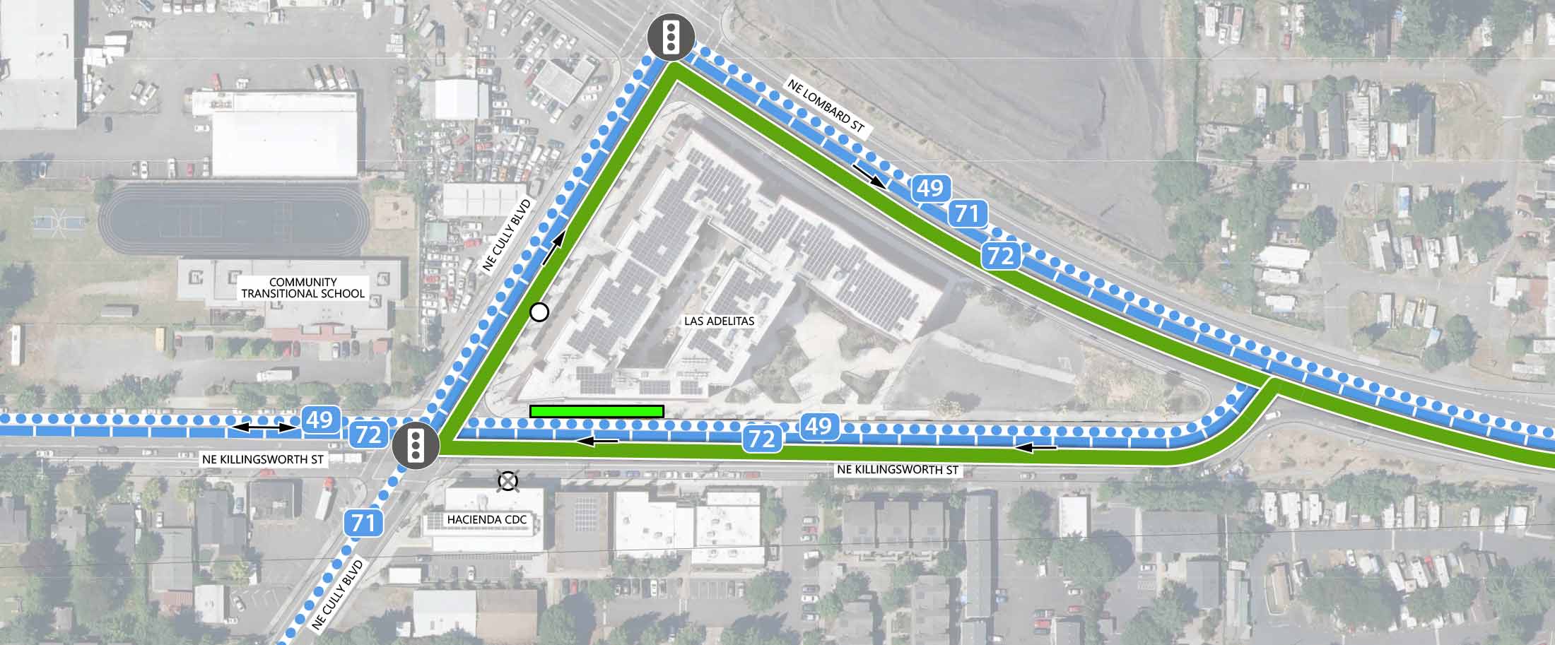 Map showing where the 82nd Ave FX Line runs in a triangular loop from NE Lombard St to NE Cully Blvd and NE Killingsworth St. There are existing traffic signals where NE Cully Blvd intersects NE Lombard St and NE Killingsworth St. There is an FX station and a Line 72 stop closing at the corner of Cully & Killingsworth. There is a future Line 72 stop on NE Cully Blvd between Killingsworth & Lombard. Line 72 and planned Line 29 run parallel to the 82nd Ave FX line and then continue west on NE Killingsworth St. Planned Line 71 runs parallel to the 82nd Ave FX line and then continues southwest on NE Cully Blvd. The following businesses are included on the map: Community Transitional School, Hacienda CDC, and Las Adelitas.