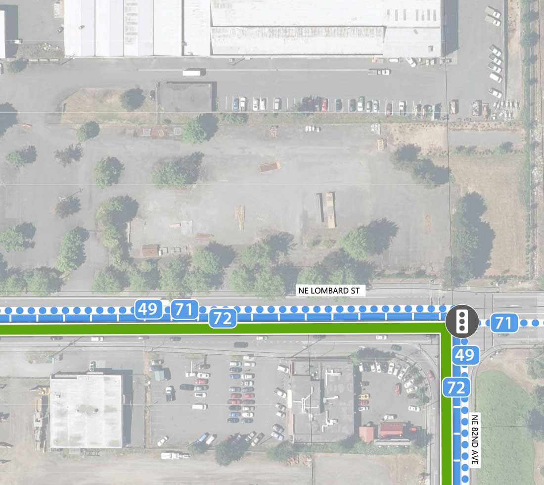 Map showing where the 82nd Ave FX Line turns from NE Lombard St onto NE 82nd Ave. There is an existing traffic signal at the intersection. Line 72 and planned Line 49 run parallel to the 82nd Ave line, with planned Line 71 continuing on NE Lombard St.