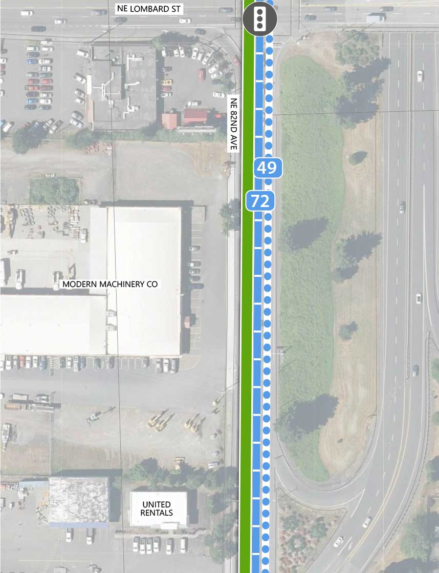 Map showing where the 82nd Ave FX Line continues from NE Lombard St onto NE 82nd Ave. There is an existing traffic signal at the intersection. Line 72 and planned Line 49 run parallel to the 82nd Ave line. The following businesses are highlighted on the map: Modern Machinery Co and United Rentals.