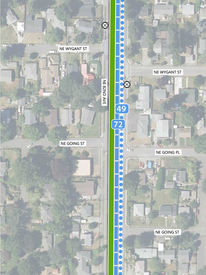 Map showing where the 82nd Ave FX Line runs on NE 82nd Ave, intersecting NE Wygant St, NE Going St, and NE Going Pl. There are two Line 72 stop closings, one at each side of the NE Wygant intersection. Line 72 and planned Line 49 run parallel to the 82nd Ave line.