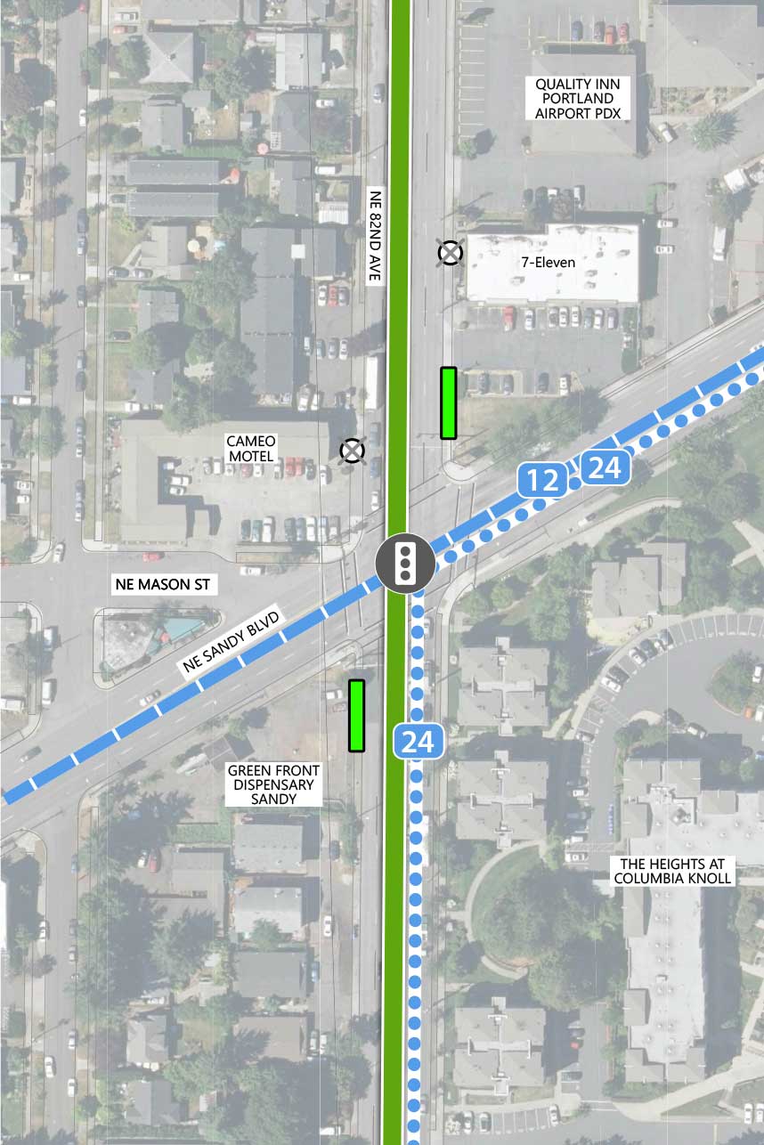 Map showing where the 82nd Ave FX Line runs on NE 82nd Ave, intersecting NE Sandy Blvd. There is an existing traffic signal at the intersection, two FX station platforms, and a Line 72 stop closing on either side. Line 12 runs on NE Sandy Blvd. Planned Line 24 runs parallel to Line 12 until NE 82nd Ave, where it turns south on NE 82nd Ave. The following businesses are highlighted on the map: Quality Inn Portland Airport PDX, 7-Eleven, Cameo Motel, Green Front Dispensary Sandy, and The Heights at Columbia Knoll.