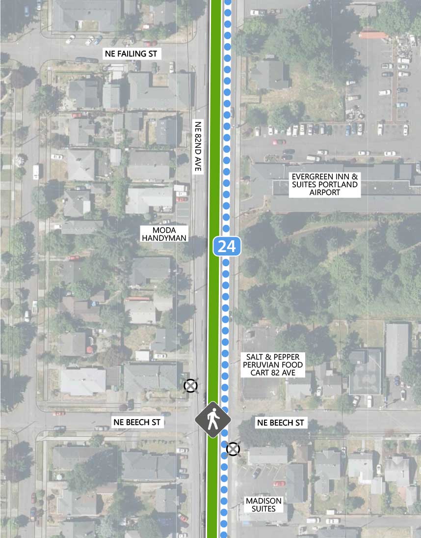 Map showing where the 82nd Ave FX Line runs on NE 82nd Ave, intersecting NE Failing St and NE Beech St. There is an existing pedestrian crossing signal at the NE Beech St intersection, along with a Line 72 stop closing on either side. Planned Line 24 runs parallel to the 82nd Ave FX Line. The following businesses are highlighted on the map: Evergreen Inn & Suites Portland Airport, Moda Handyman, Salt & Pepper Peruvian Food Cart 82 Ave, and Madison Suites.