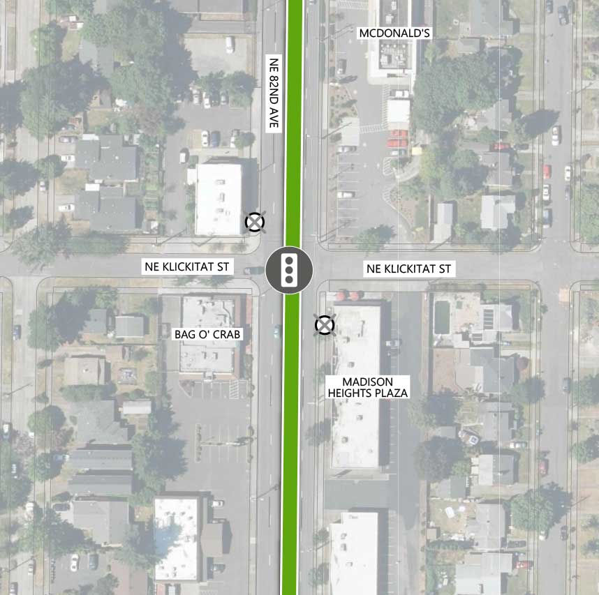 Map showing where the 82nd Ave FX Line runs on NE 82nd Ave, intersecting NE Klickitat St. There is an existing traffic signal and a Line 72 stop closing on either side of the intersection. The following businesses are highlighted on the map: McDonald's, Bag O' Crab, and Madison Heights Plaza.