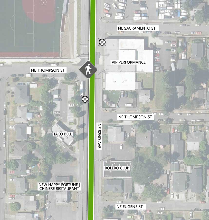 Map showing where the 82nd Ave FX Line runs on NE 82nd Ave, intersecting NE Sacramento St, NE Thompson St and NE Eugene St. There is an existing pedestrian crossing signal at the NE Thompson St intersection, as well as a Line 72 stop closing on each side. The following businesses are highlighted on the map: VIP Performance, Taco Bell, Bolero Club, and New Happy Fortune Chinese Restaurant.
