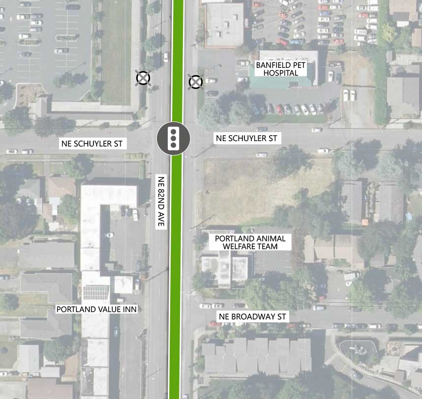 Map showing where the 82nd Ave FX Line runs on NE 82nd Ave, intersecting NE Schuyler St and NE Broadway St. There is an existing traffic signal at the NE Schuyler St intersection, as well as Line 72 stop closings on either side. The following businesses are highlighted on the map: Banfield Pet Hospital, Portland Animal Welfare Team, and Portland Value Inn.