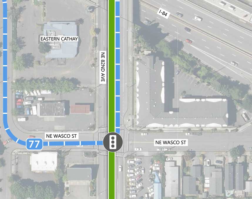 Map showing where the 82nd Ave FX Line runs on NE 82nd Ave, intersecting I-84 and NE Wasco St. There is an existing traffic signal at the NE Wasco St intersection. Line 77 runs parallel to the 82nd Ave FX Line until turning west on NE Wasco St. Eastern Cathay is highlighted on the map.