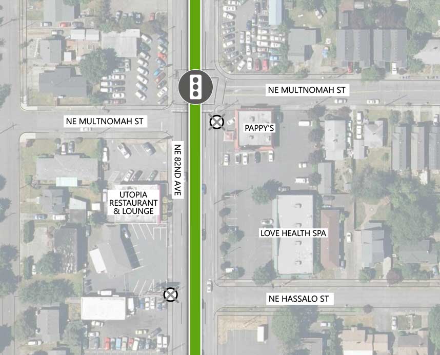 Map showing where the 82nd Ave FX Line runs on NE 82nd Ave, intersecting NE Multnomah St and NE Hassalo St. There is an existing traffic signal at the NE Multnomah St intersection. There are Line 72 stop closings at both interesections, northbound at NE Multnomah and southbound at NE Hassalo. The following businesses are highlighted on the map: Pappy's, Utopia Restaurant & Lounge, and Love Health Spa.