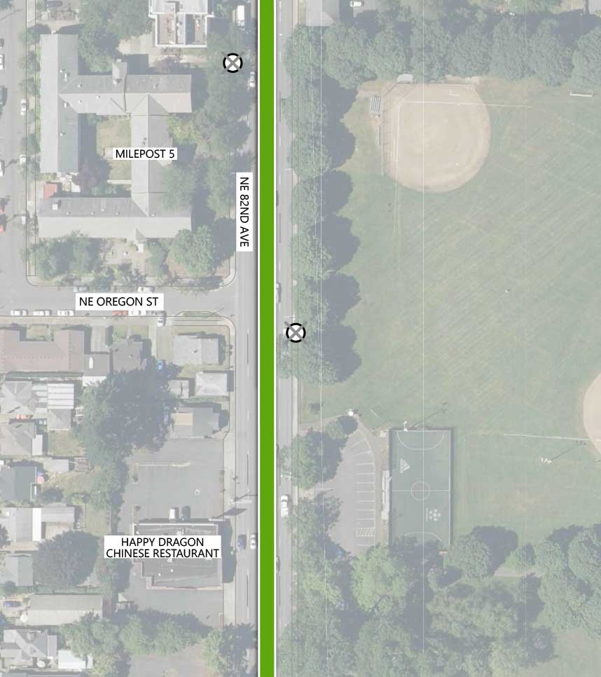 Map showing where the 82nd Ave FX Line runs on NE 82nd Ave, intersecting NE Oregon St. There is a line 72 stop closing on each side. The following businesses are highlighted on the map: Milepost 5 and Happy Dragon Chinese Restaurant.