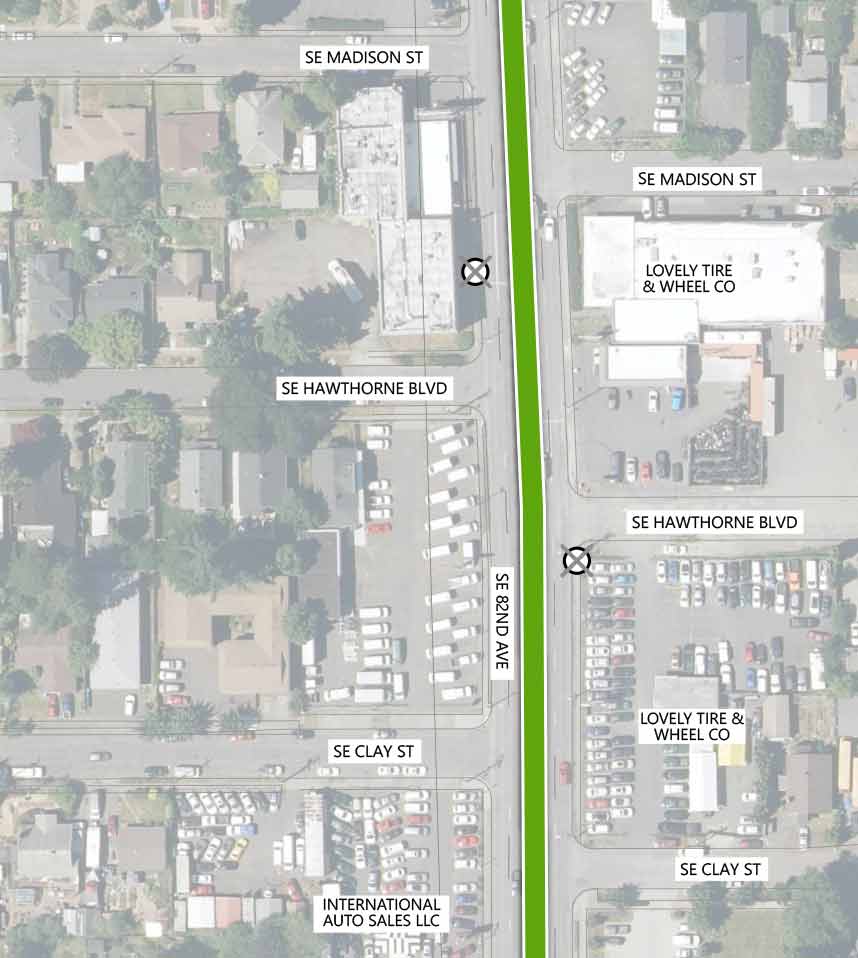 Map showing where the 82nd Ave FX Line runs on SE 82nd Ave, intersecting SE Madison St, SE Hawthorne Blvd, and SE Clay St. There are two Line 72 stop closures at the SE Hawthorne Blvd intersection, one on either side. The following businesses are highlighted on the map: Lovely Tire & Wheel Co and International Auto Sales LLC.