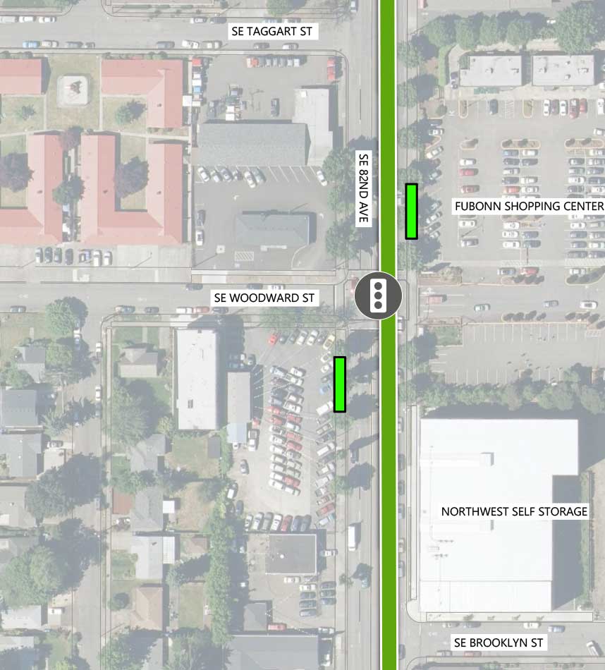 Map showing where the 82nd Ave FX Line runs on SE 82nd Ave, intersecting SE Taggart St, SE Woodward St, and SE Brooklyn St. There is an existing traffic signal and two FX stations at the SE Woodward St intersection. The following businesses are highlighted on the map: Fubonn Shopping Center and Northwest Self-Storage.