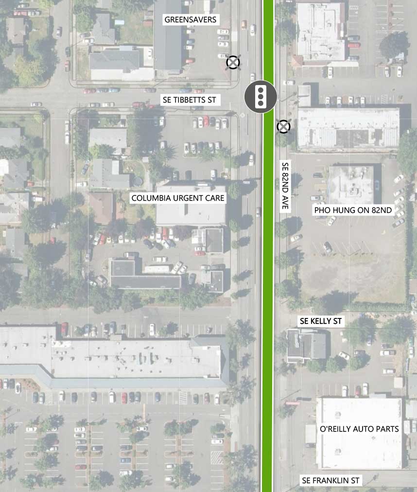 Map showing where the 82nd Ave FX Line runs on SE 82nd Ave, intersecting SE Tibbetts St, SE Kelly St, and SE Franklin St. There is an existing traffic signal and two Line 72 stop closings (one on either side) at the SE Tibbetts St intersection. The following businesses are highlighted on the map: Greensavers, Columbia Urgent Care, Pho Hung on 82nd, and O'Reilly Auto Parts.