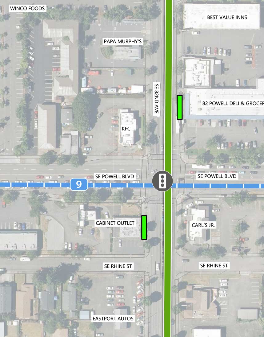 Map showing where the 82nd Ave FX Line runs on SE 82nd Ave, intersecting SE Powell Blvd and SE Rhine St. There is an existing traffic signal and two FX stations at the SE Powell Blvd intersection. Line 9 runs parallel to the 82nd Ave FX Line on Powell Blvd. The following businesses are highlighted on the map: Winco Foods, Best Value Inns, Papa Murphy's, 82 Powell Deli & Grocery, KFC, Cabinet Outlet, Carl's Jr, and Eastport Autos.