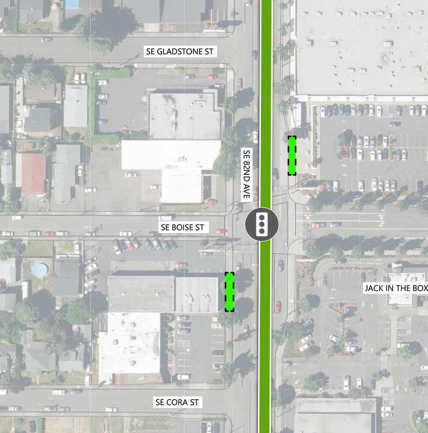 Map showing where the 82nd Ave FX Line runs on SE 82nd Ave, intersecting SE Gladstone St, SE Boise St, and SE Cora St. There is an existing traffic signal and  two alternate FX station locations at the SE Boise St intersection. Jack in the Box is highlighted on the map.