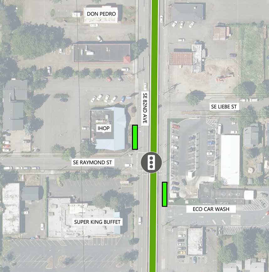 Map showing where the 82nd Ave FX Line runs on SE 82nd Ave, intersecting SE Liebe St and SE Raymond St. There is an existing traffic signal and two FX stations at the SE Raymond St intersection. The following businesses are highlighted on the map: Don Pedro, IHOP, Eco Car Wash, and Super King Buffet.