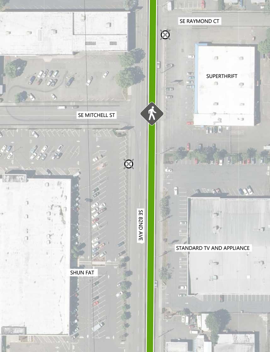 Map showing where the 82nd Ave FX Line runs on SE 82nd Ave, intersecting SE Raymond Ct and SE Mitchell St. There is a northbound Line 72 stop closing at the SE Raymond Ct intersection. There is an existing pedestrian crossing signal and a southbound Line 72 stop closing at the SE Mitchell St intersection. The following businesses are highlighted on the map: Superthrift, Standard TV and Appliance, and Shun Fat.