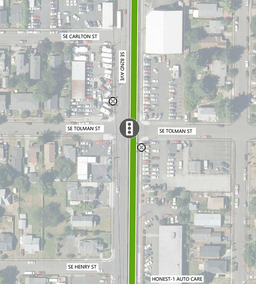 Map showing where the 82nd Ave FX Line runs on SE 82nd Ave, intersecting SE Carlton St, SE Tolman St, and SE Henry St. There is an existing traffic signal and two Line 72 stop closings (one on either side) at the SE Tolman St intersection. Honest-1 Auto Care is highlighted on the map.