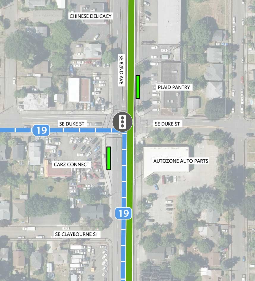 Map showing where the 82nd Ave FX Line runs on SE 82nd Ave, intersecting SE Duke St and SE Claybourne St. There is an existing traffic signal and  two FX stations at the SE Duke St intersection. Line 19 runs east on SE Duke St until it turns South on NE 82nd Ave. The following businesses are highlighted on the map: Chinese Delicacy, Plaid Pantry, Carz Connect, and Autozone Auto Parts.