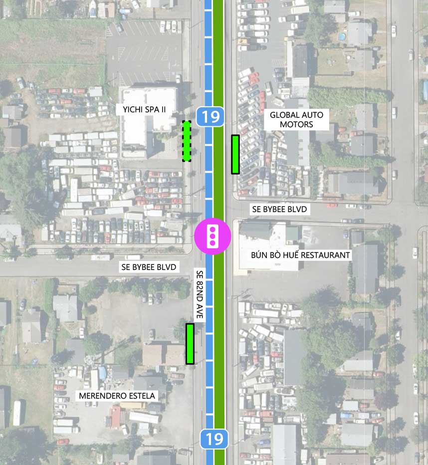Map showing where the 82nd Ave FX Line runs on SE 82nd Ave, intersecting SE Bybee Blvd. There is a planned traffic signal, two FX stations, and one alternative FX station location at the intersection. Line 19 runs parallel to the 82nd Ave FX line. The following businesses are highlighted on the map: Yichi Spa II, Global Auto Motors, Bún Bò Huế Restaurant, and Merendero Estela.
