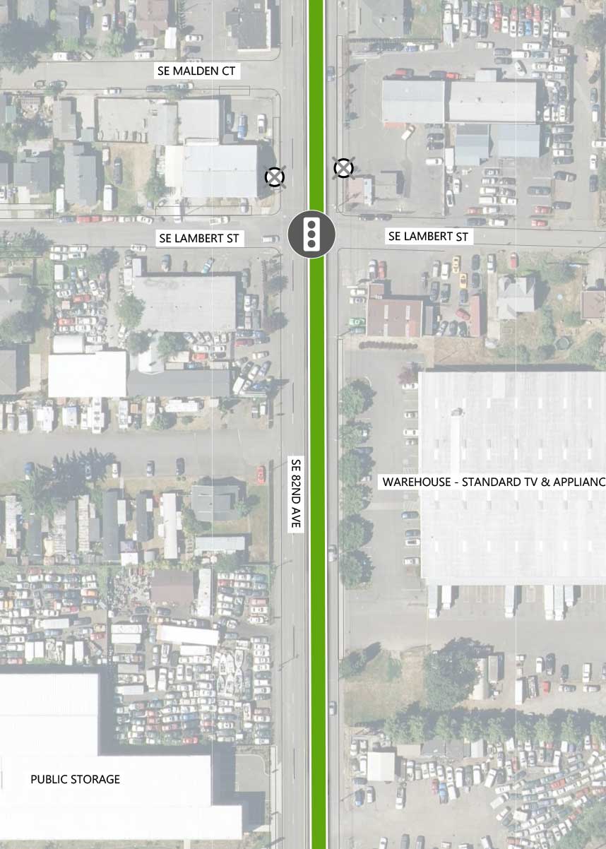 Map showing where the 82nd Ave FX Line runs on SE 82nd Ave, intersecting SE Malden Ct and SE Lambert St. There is an existing traffic signal and two Line 72 stop closings (one on each side) at the SE Lambert St intersection. The following businesses are highlighted on the map: Warehouse- Standard TV & Appliance and Public Storage.