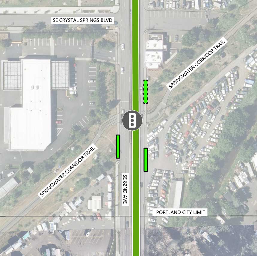 Map showing where the 82nd Ave FX Line runs on SE 82nd Ave, intersecting SE Crystal Springs Blvd and Springwater Corridor Trail. There is an existing traffic signal, two FX stations, and one alternative FX station location at the Springwater Corridor Trail interesection.The Portland City Limit is marked South of the intersection.