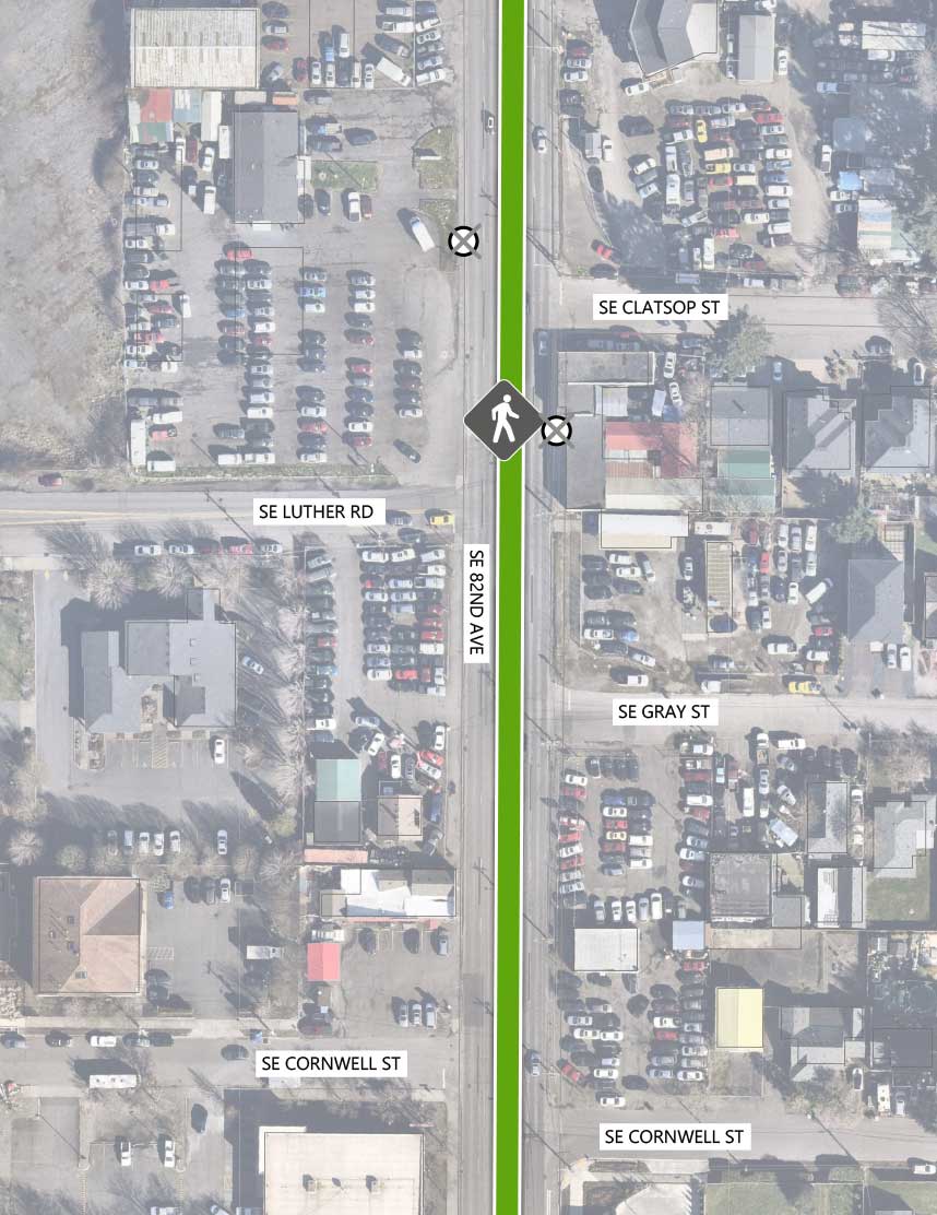 Map showing where the 82nd Ave FX Line runs on SE 82nd Ave, intersecting SE Clatsop St, SE Luther Rd, SE Gray St, and SE Cornwell St. There is an existing pedestrian crossing signal at the SE Luther Rd intersection. There are two Line 72 stops closing, one Southbound at SE Clatsop St and one Northbound at SE Luther Rd.