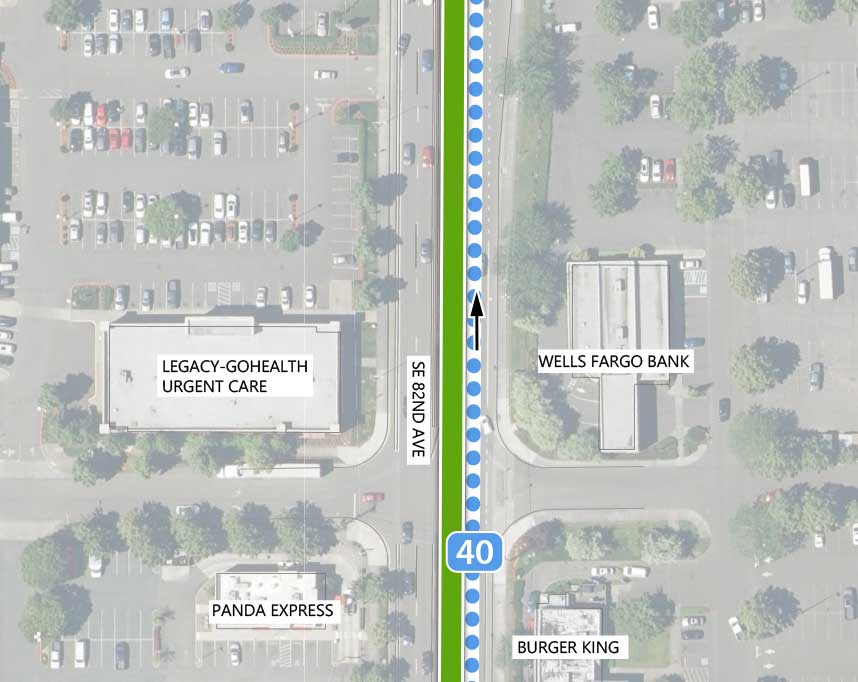 Map showing where the 82nd Ave FX Line runs on SE 82nd Ave between SE Johnson Creek Blvd and SE Overland St. Line 40 runs parallel to the 82nd Ave FX Line. The following businesses are highlighted on the map: Legacy-GoHealth Urgent Care, Wells Fargo Bank, Panda Express, and Burger King.