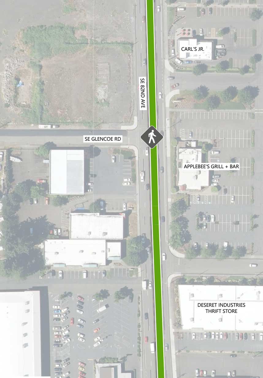 Map showing where the 82nd Ave FX Line runs on SE 82nd Ave, intersecting SE Glencoe Rd. There is an existing pedestrian crossing signal at the intersection. The following businesses are highlighted on the map: Carl’s Jr, Applebee’s Grill + Bar, and Deseret Industries Thrift Store.