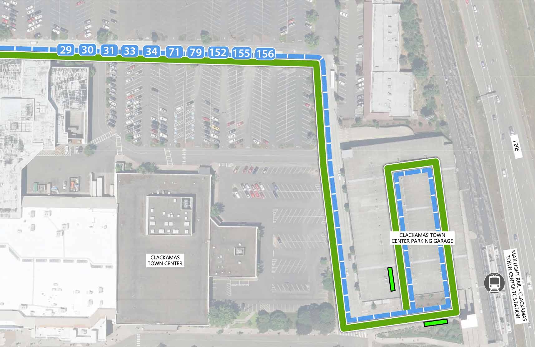 Map showing where the 82nd Ave FX Line continues through Clackamas Town Center to the Clackamas Town Center Parking Garage, then loops. There is one FX station outside the parking garage, and one inside. The MAX Light Rail Clackamas Town Center TC Station is highlighted to the east of the parking garage. Lines 29, 30, 31, 33, 34, 71, 79, 152, 155, and 156 run parallel to the 82nd Ave FX Line.