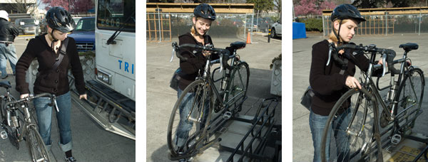Photo of bicyclist lowering the rack, placing bike on rack, then placing bar on front wheel