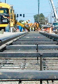Photo of recyled ties used in most of the embedded track along MAX Yellow Line