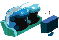 image of two animated cars watching tv on a couch