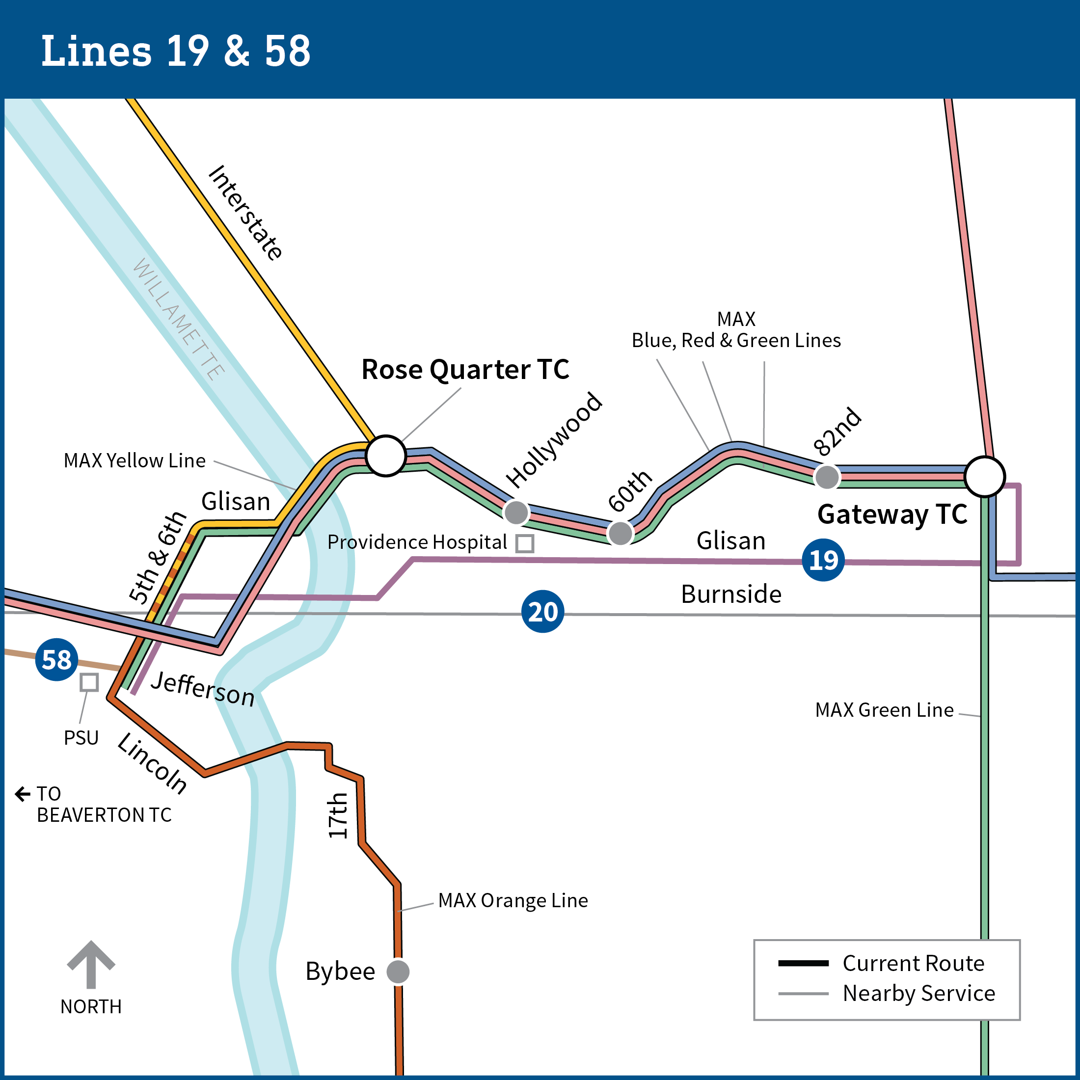 Map of SE Portland shows current bus route for lines 19 and 58.