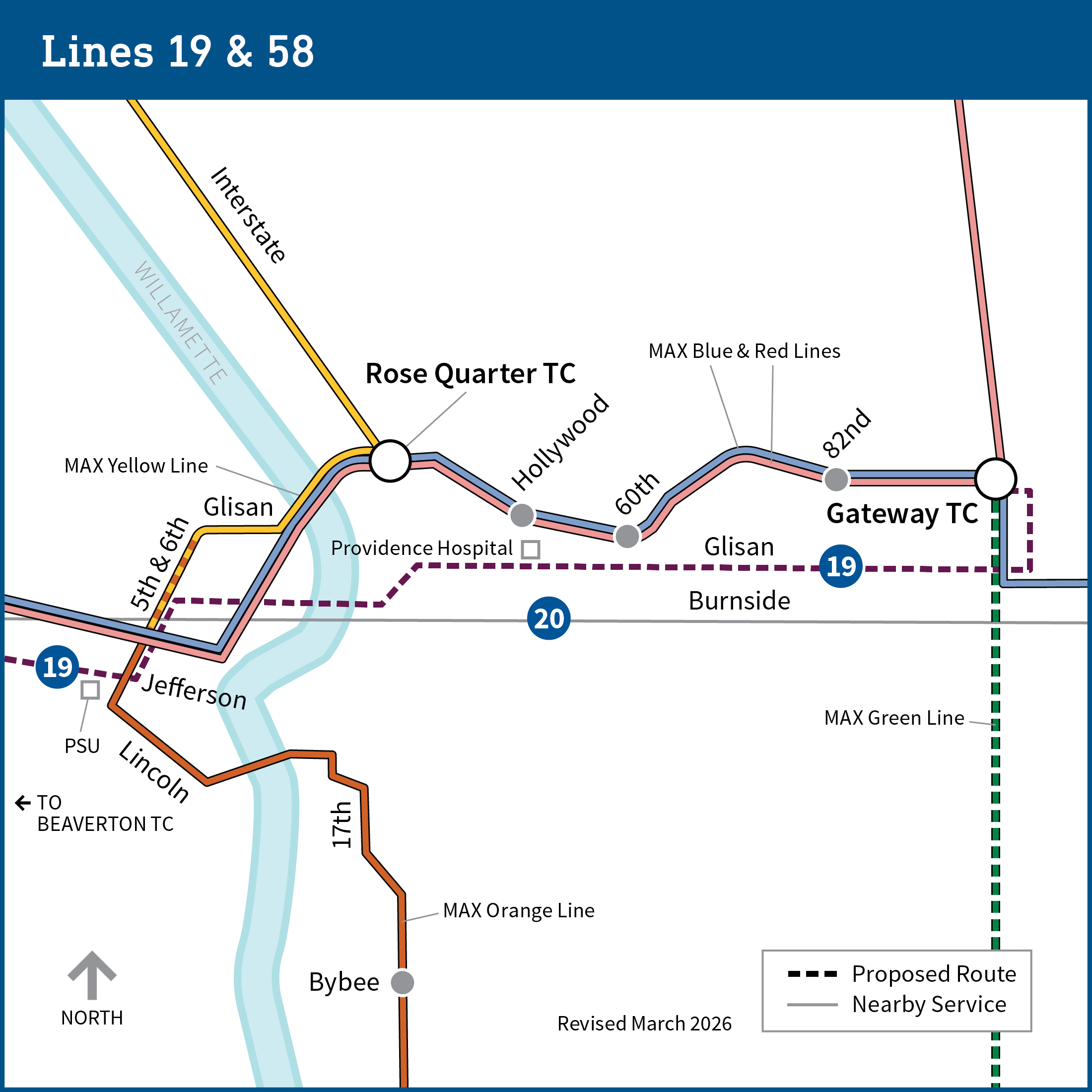 Map of SE Portland shows proposed changes, where line 19 would be eliminated with other existing lines providing service to the same area, including line 20 and MAX Orange, Yellow, Blue, Red, and Green lines.