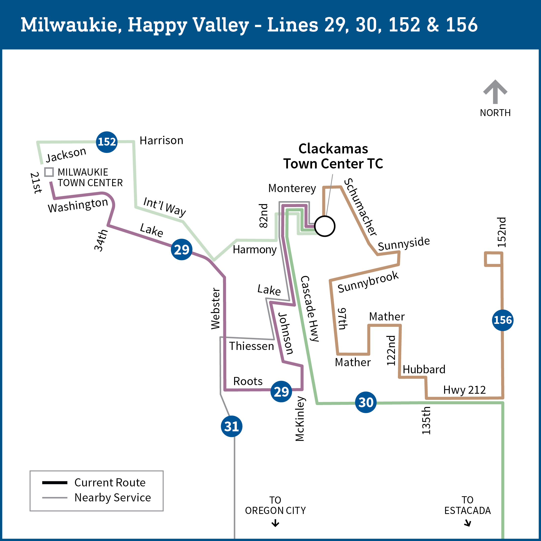 Map shows the Clackamas area with current transit lines, including bus lines 29, 30, 31, 152 and 156.