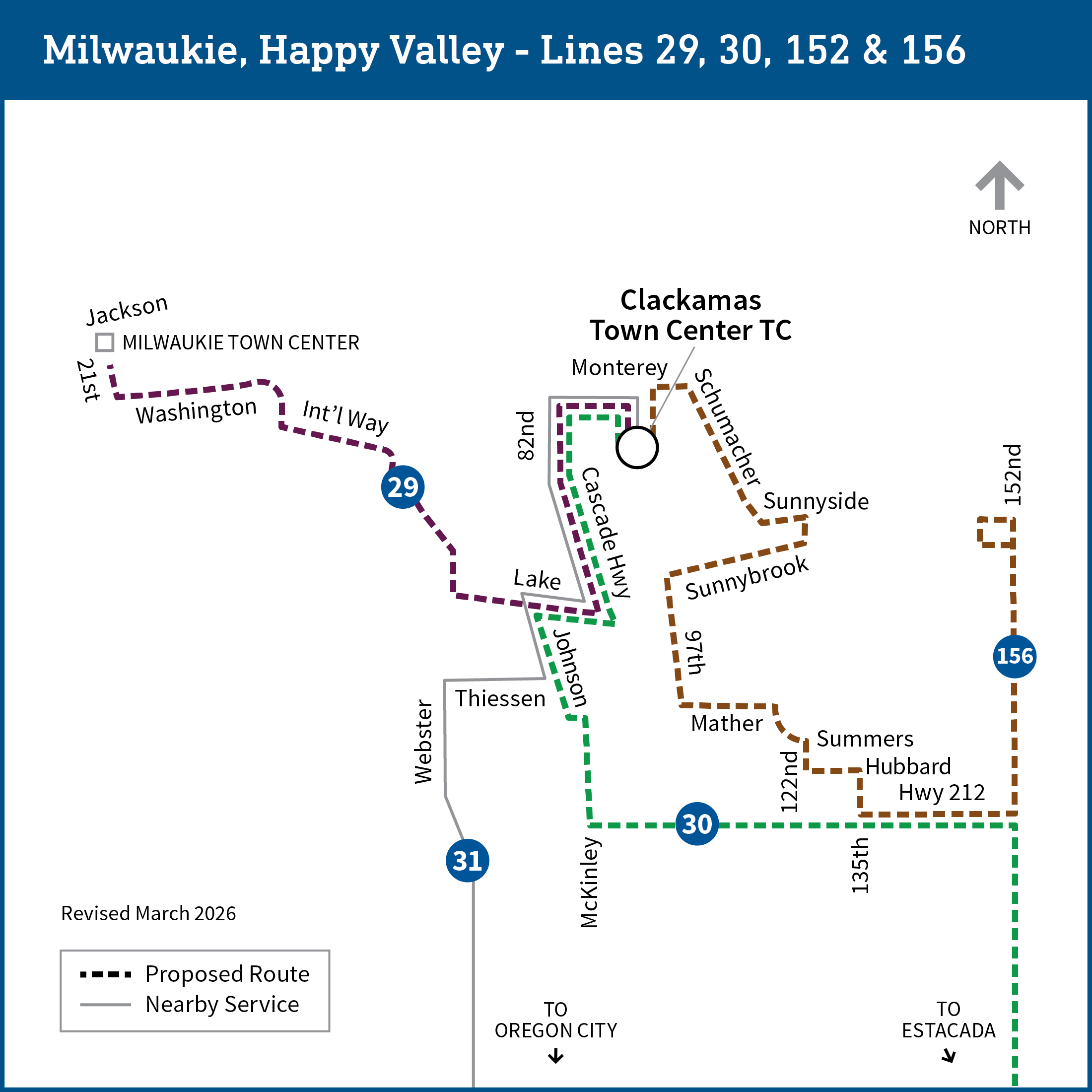 Map shows the Clackamas area with bus lines 29, 30, 31, 152 and 156. All lines pictured except line 31 show proposed changes as detailed on the page.