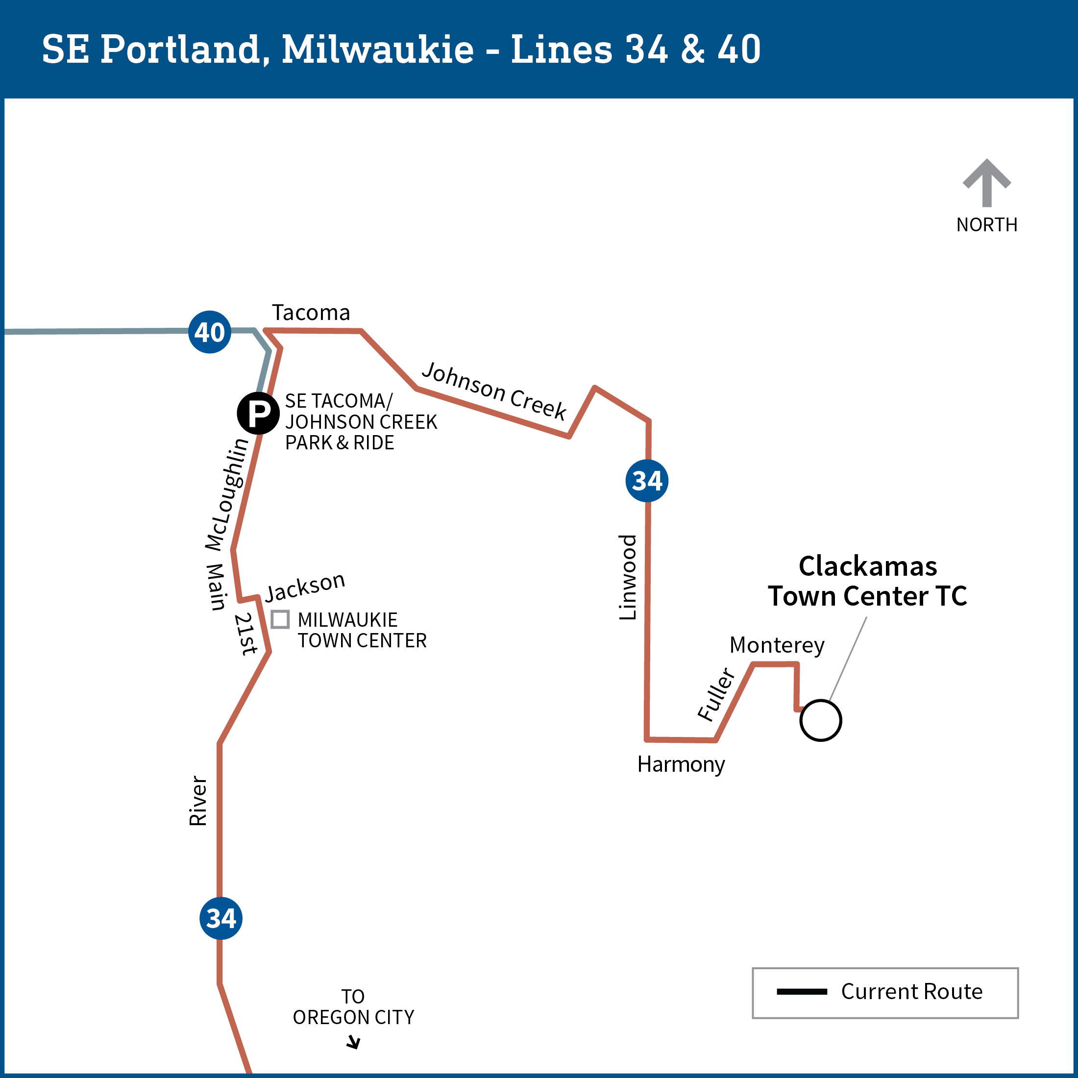 Map shows the Clackamas area with current transit lines, including bus lines 34 and 40.