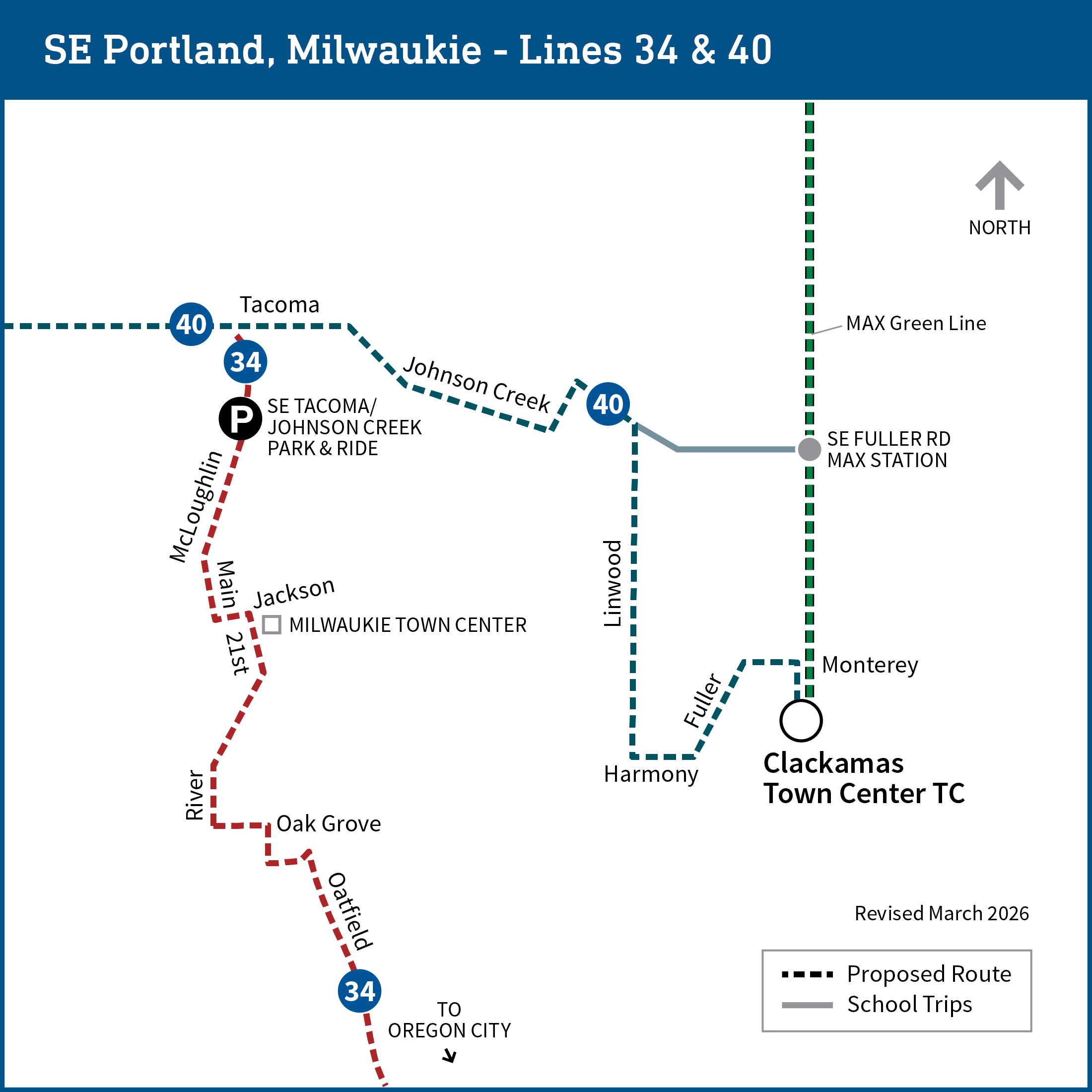 Map shows the Clackamas area with bus lines 34 and 40. All lines pictured except line 31 show proposed changes as detailed on the page.