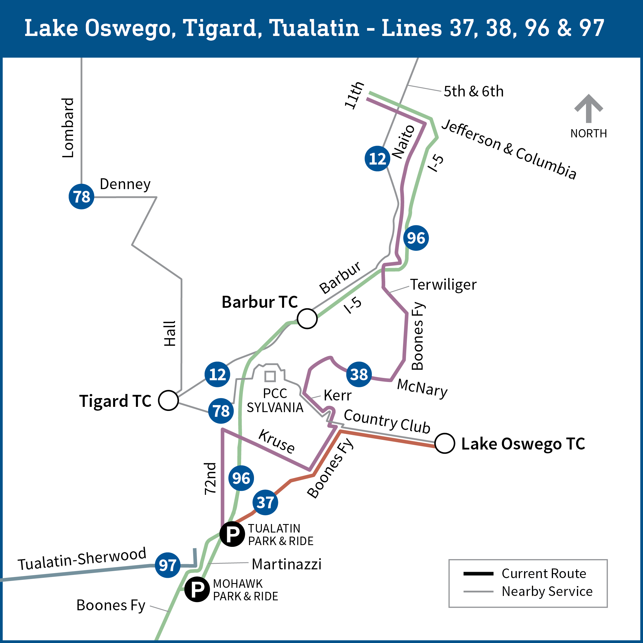 Map of Lake Oswego, Tigard and Tualatin areas shows current bus routes for lines 12, 37, 38, 78 and 96.
