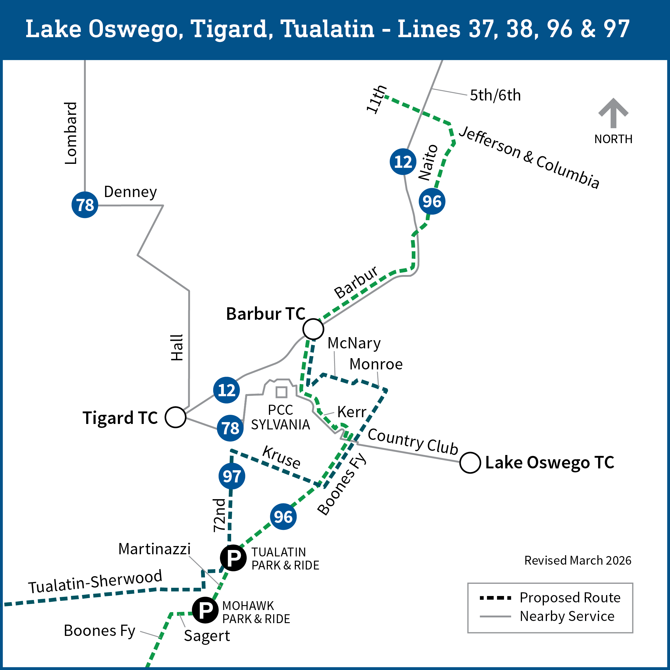 Map of Lake Oswego, Tigard and Tualatin areas shows proposed changes for lines 12, 37, 38, 78 and 96 as further detailed on page.