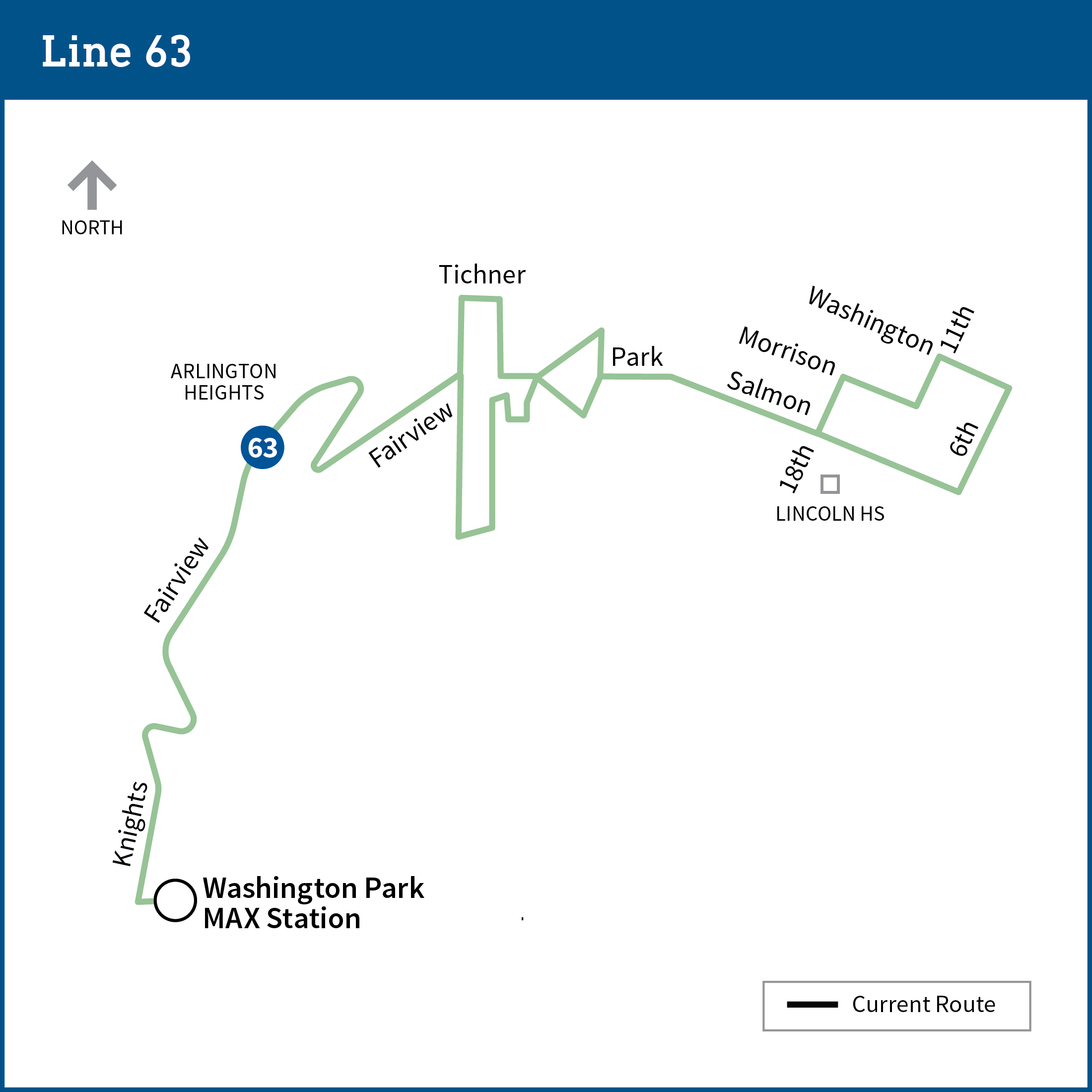 Map of Southwest Portland shows current bus route for line 63.