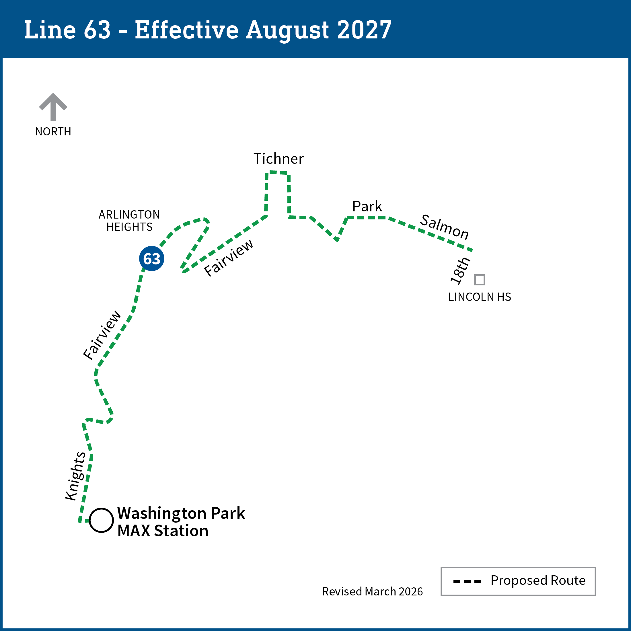 Map of Southwest Portland shows proposed changes for line 63 as further detailed on page.