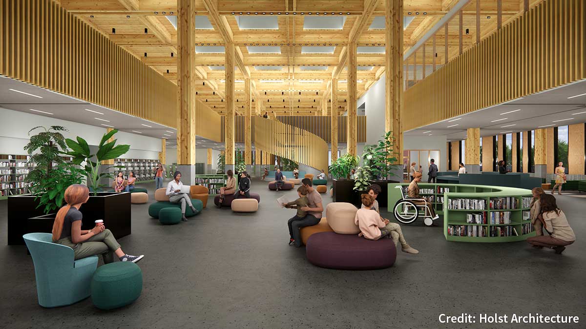Rendering of East County Library atrium. Credit: Holst Architecture