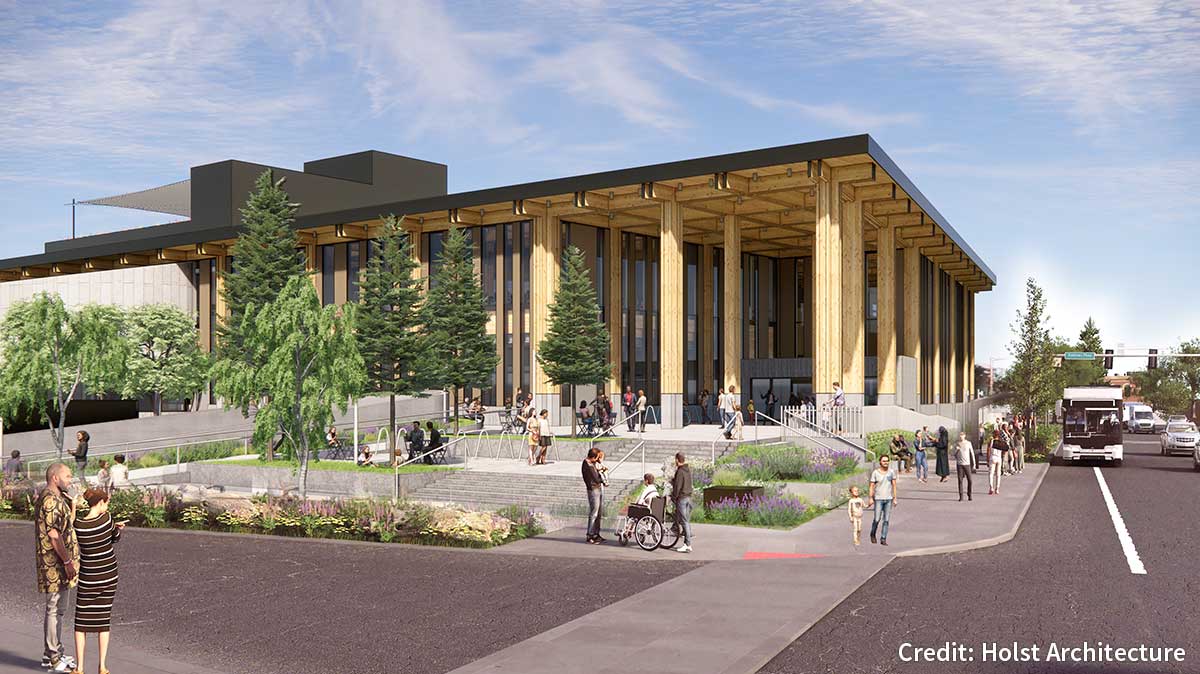 Rendering of East County Library southwest corner. Credit: Holst Architecture