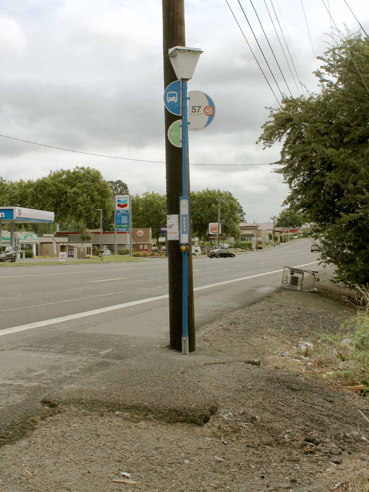 Photo showing a person waiting at a bus stop. The bus stop consists of a broken slab of asphalt perched atop weeds, gravel and trash.