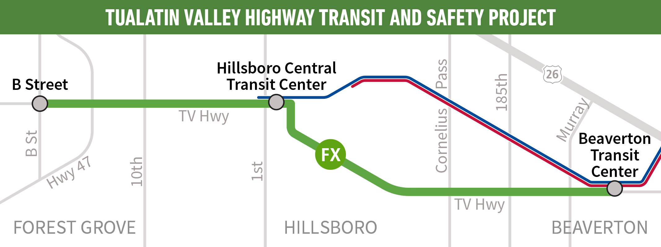 Map showing the FX route from B Street in Forest Grove to Beaverton Transit Center.
