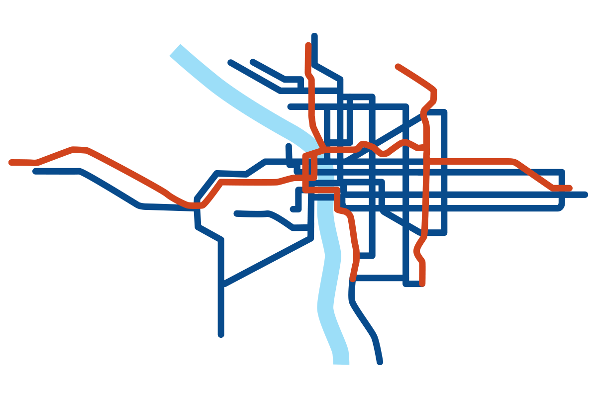Abstract map of the Trimet Service area with MAX and bus lines.