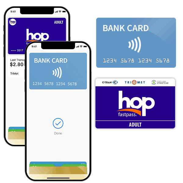 Valid Adult fares including a Hop card, a contactless debit/credit card, a virtual Hop card on a phone, and a virtual debit/credit card on a phone